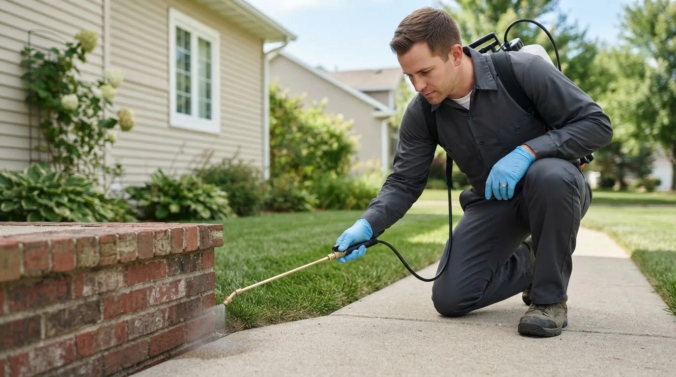 Pest control technician treating a home near Hope, MN