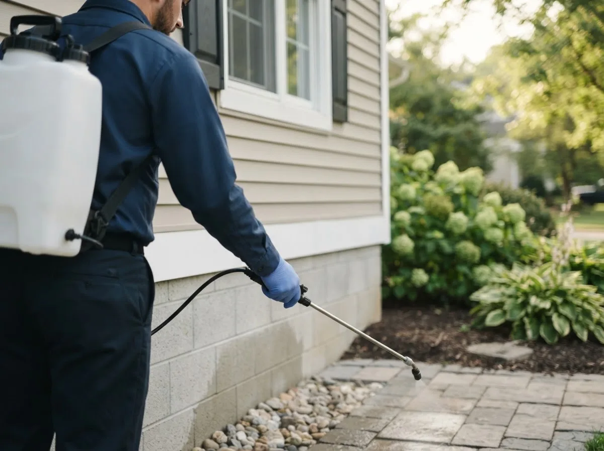 Pest control technician inspecting a home in Hope, MN